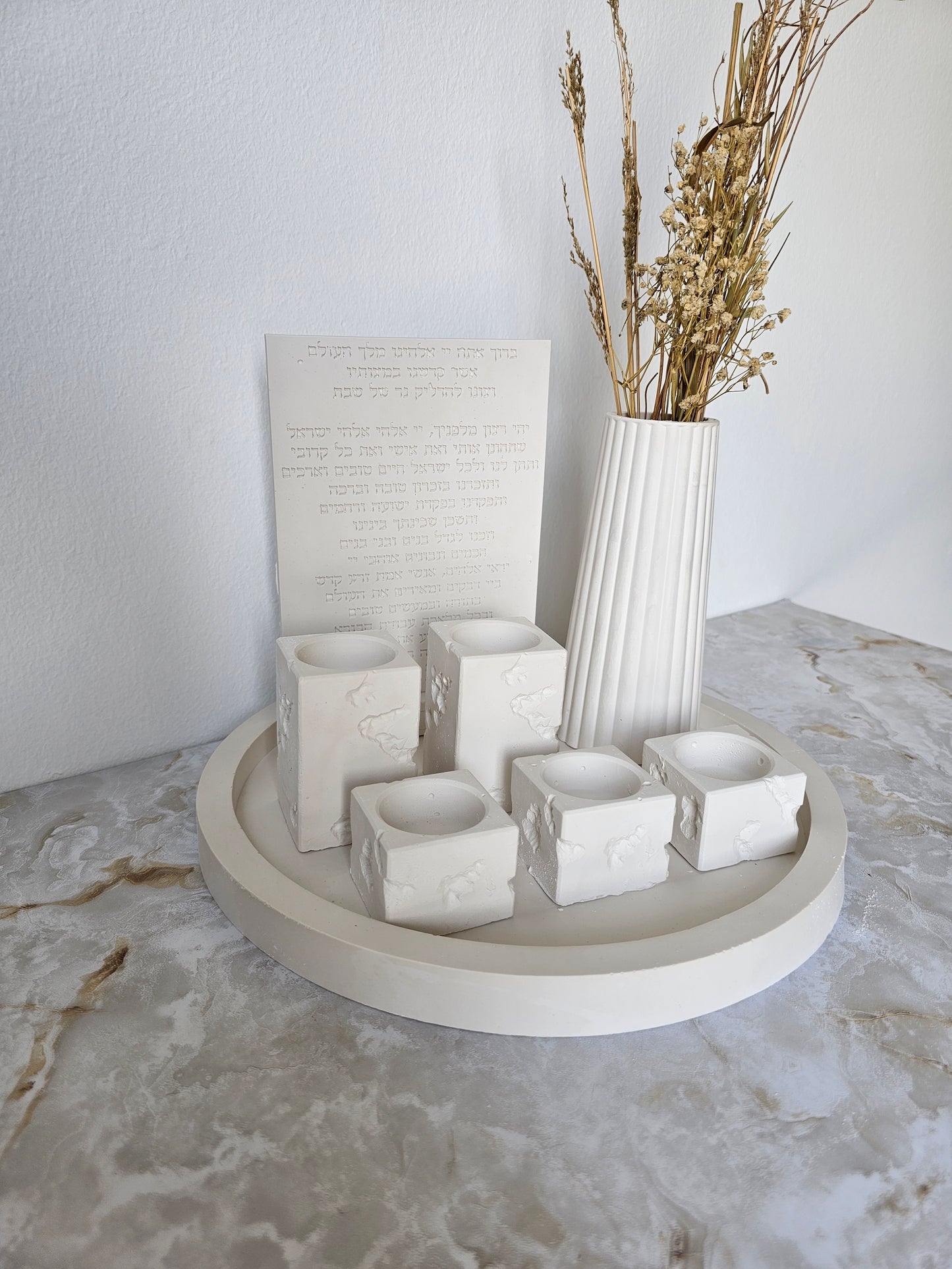 Elegant Broken Shabbat Candle Holder Set with Blessing Plaque