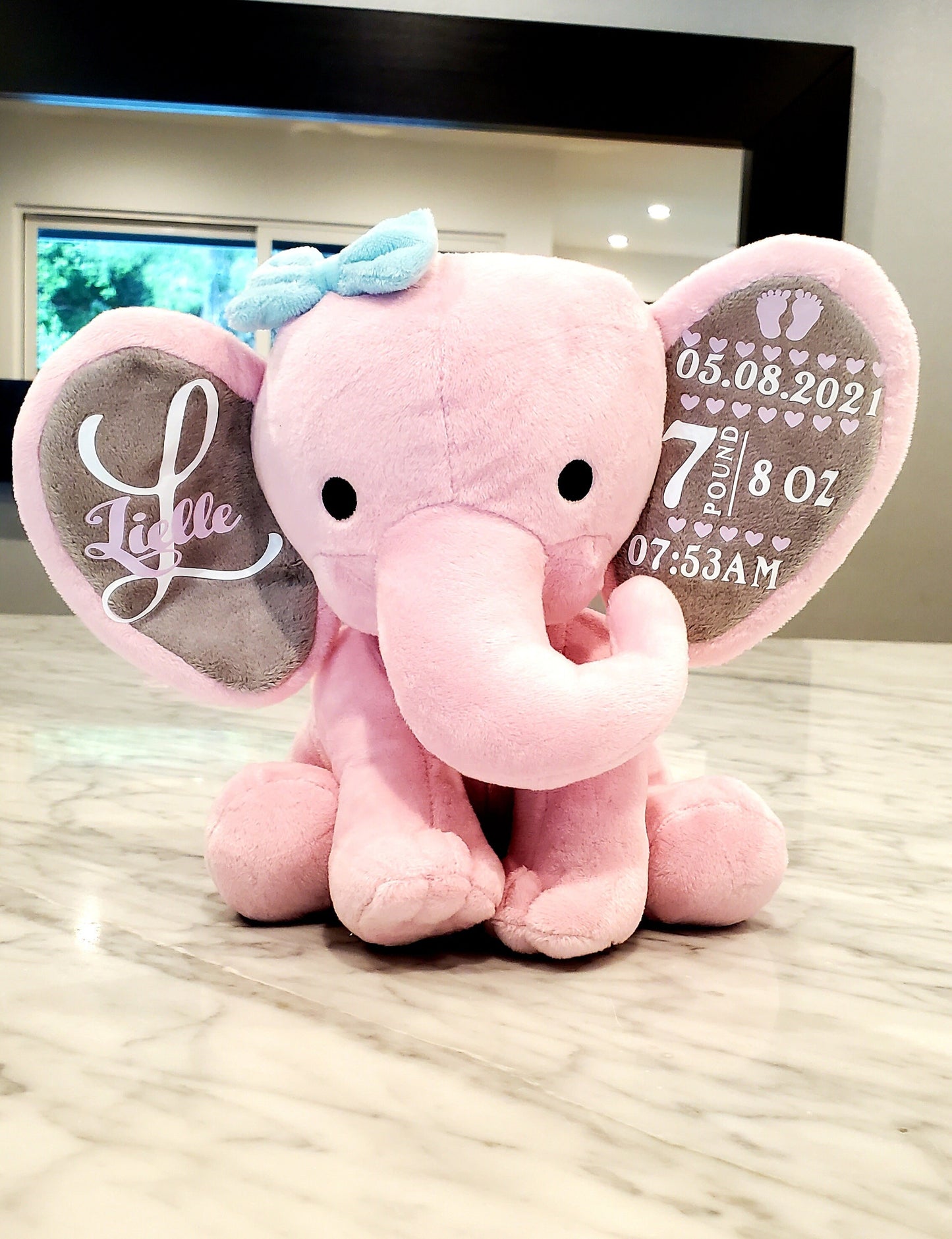 Elephant Stuffed Animal With Personalized Name and Birth Date, New Baby Welcome Gift, Newborn Gift For Baby Girl, Birth Announcement.