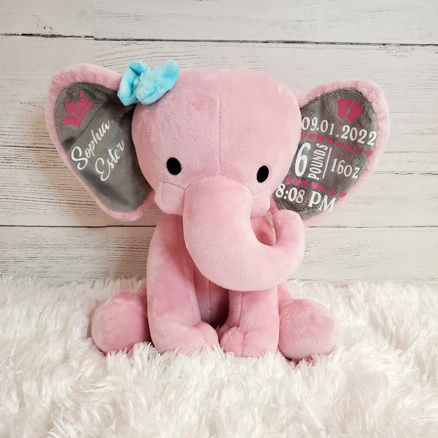 Elephant Stuffed Animal With Personalized Name and Birth Date, New Baby Welcome Gift, Newborn Gift For Baby Girl, Birth Announcement.