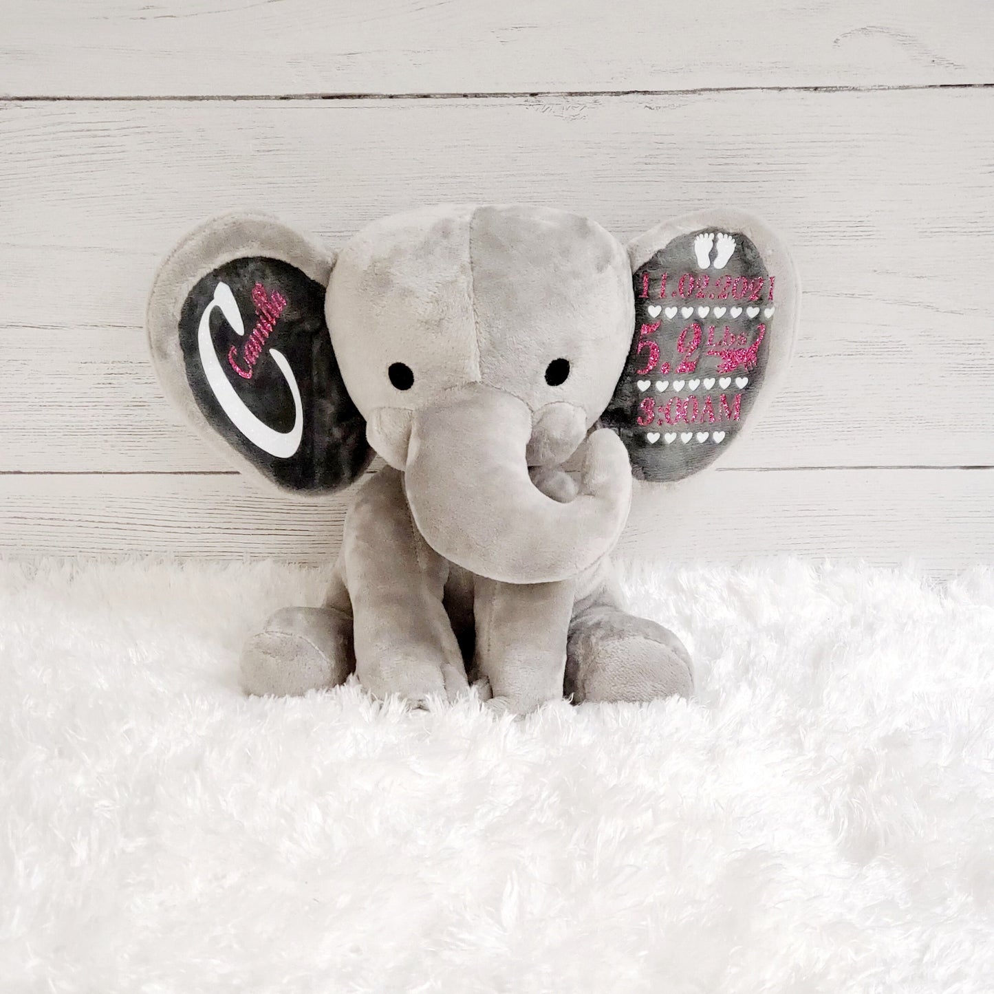 Elephant Stuffed Animal With Personalized Name and Birth Date, New Baby Welcome Gift, Newborn Gift For Baby Girl, Birth Announcement.
