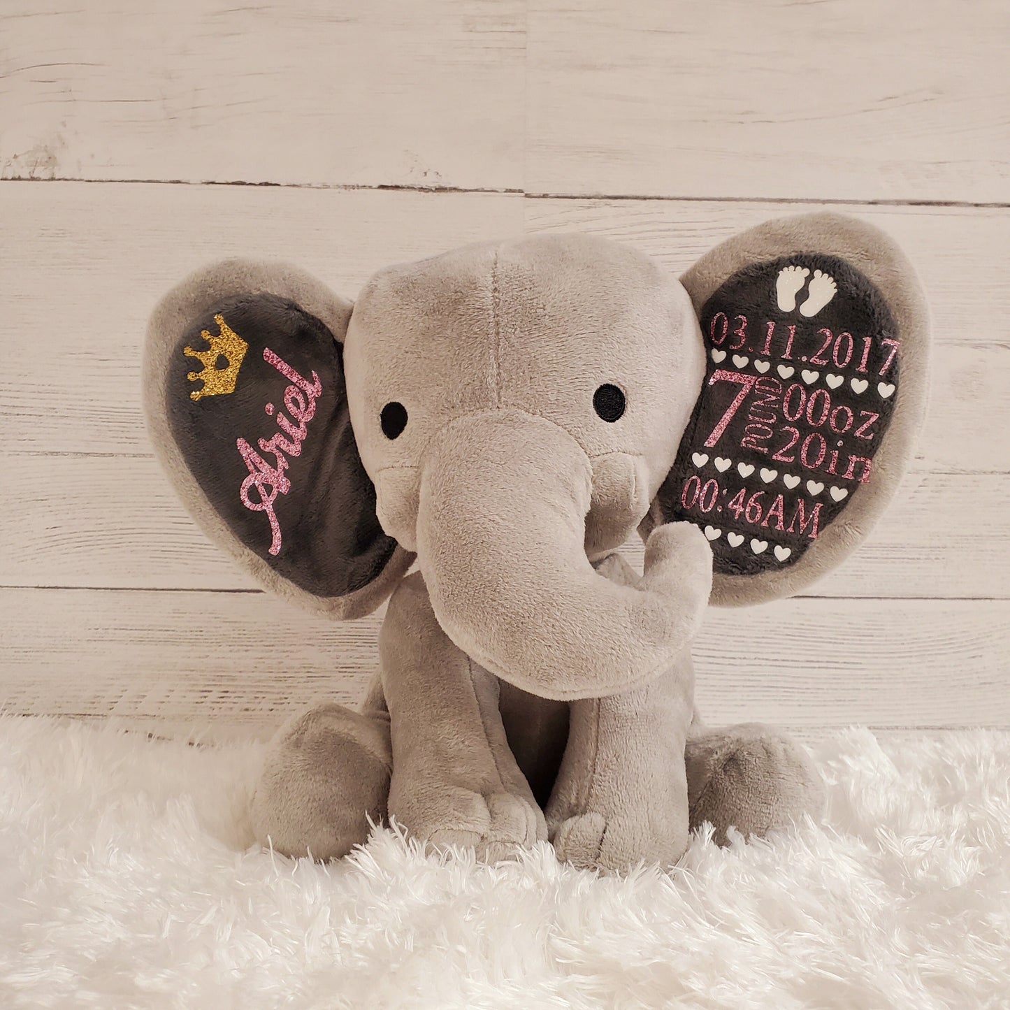 Elephant Stuffed Animal With Personalized Name and Birth Date, New Baby Welcome Gift, Newborn Gift For Baby Girl, Birth Announcement.