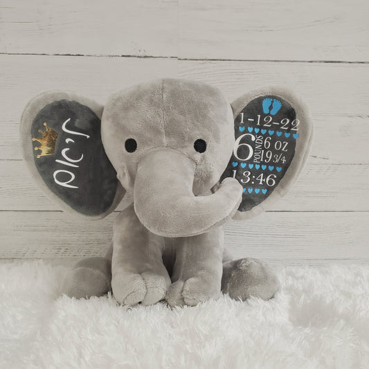 Elephant Stuffed Animal With Personalized Name and Birth Date, New Baby Welcome Gift, Newborn Gift For Baby Girl, Birth Announcement.