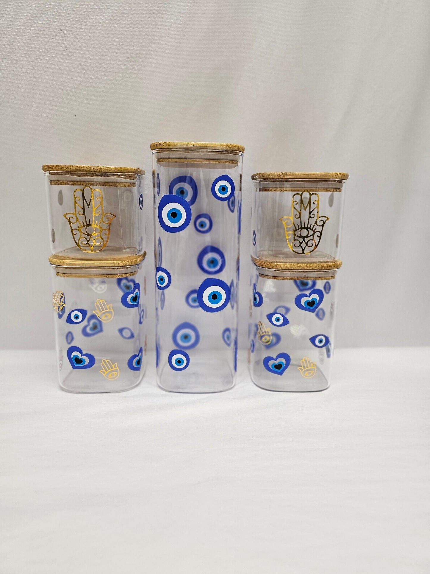 Custom food storage glass jars, Glass jars, Hamsa print on glass jars, Food storage jars, Hamsa print, Hamsa design, Glass jars,Food jars.