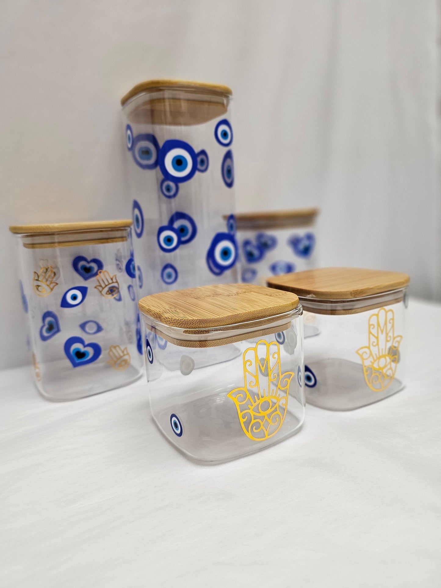 Custom food storage glass jars, Glass jars, Hamsa print on glass jars, Food storage jars, Hamsa print, Hamsa design, Glass jars,Food jars.