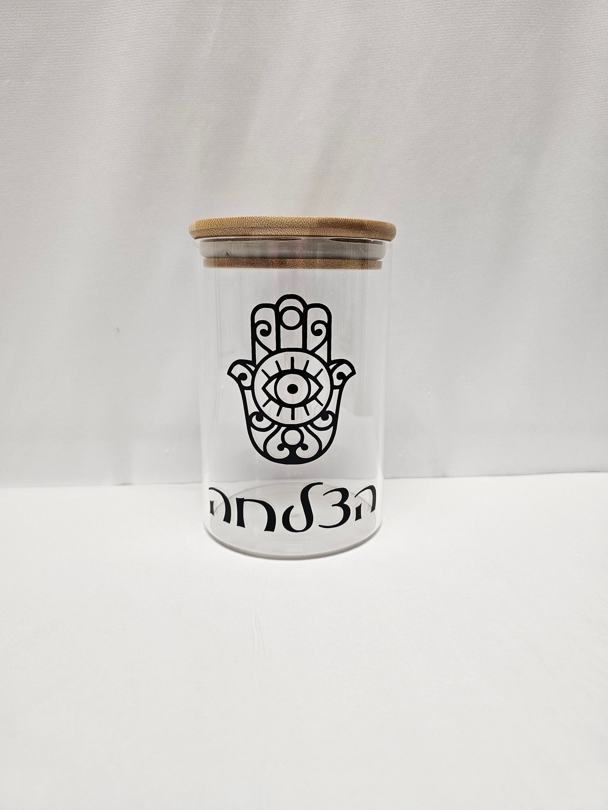 Custom coffee, tea and sugar glass jars, glass jars, hamsa print on glass jars, coffee,tea and sugar jars, hamsa print, hamsa design, glass