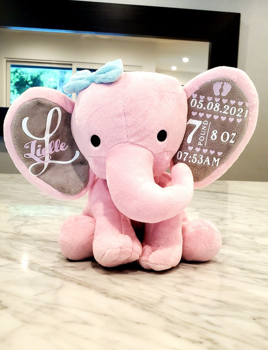 Elephant Stuffed Animal With Personalized Name and Date Of Birth, Stuffed Elephant With Announcement, Stuffed Elephant for Baby