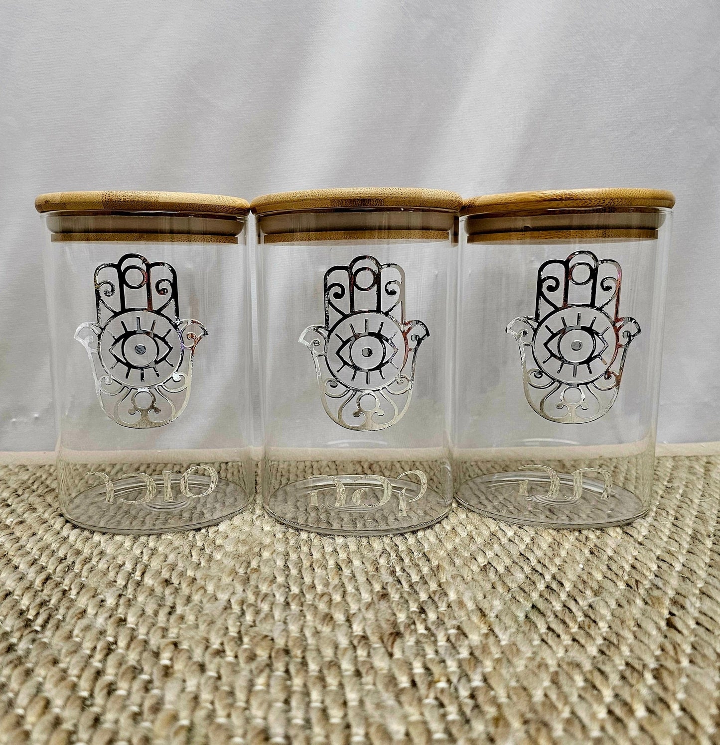 Custom coffee, tea and sugar glass jars, glass jars, hamsa print on glass jars, coffee,tea and sugar jars, hamsa print, hamsa design, glass