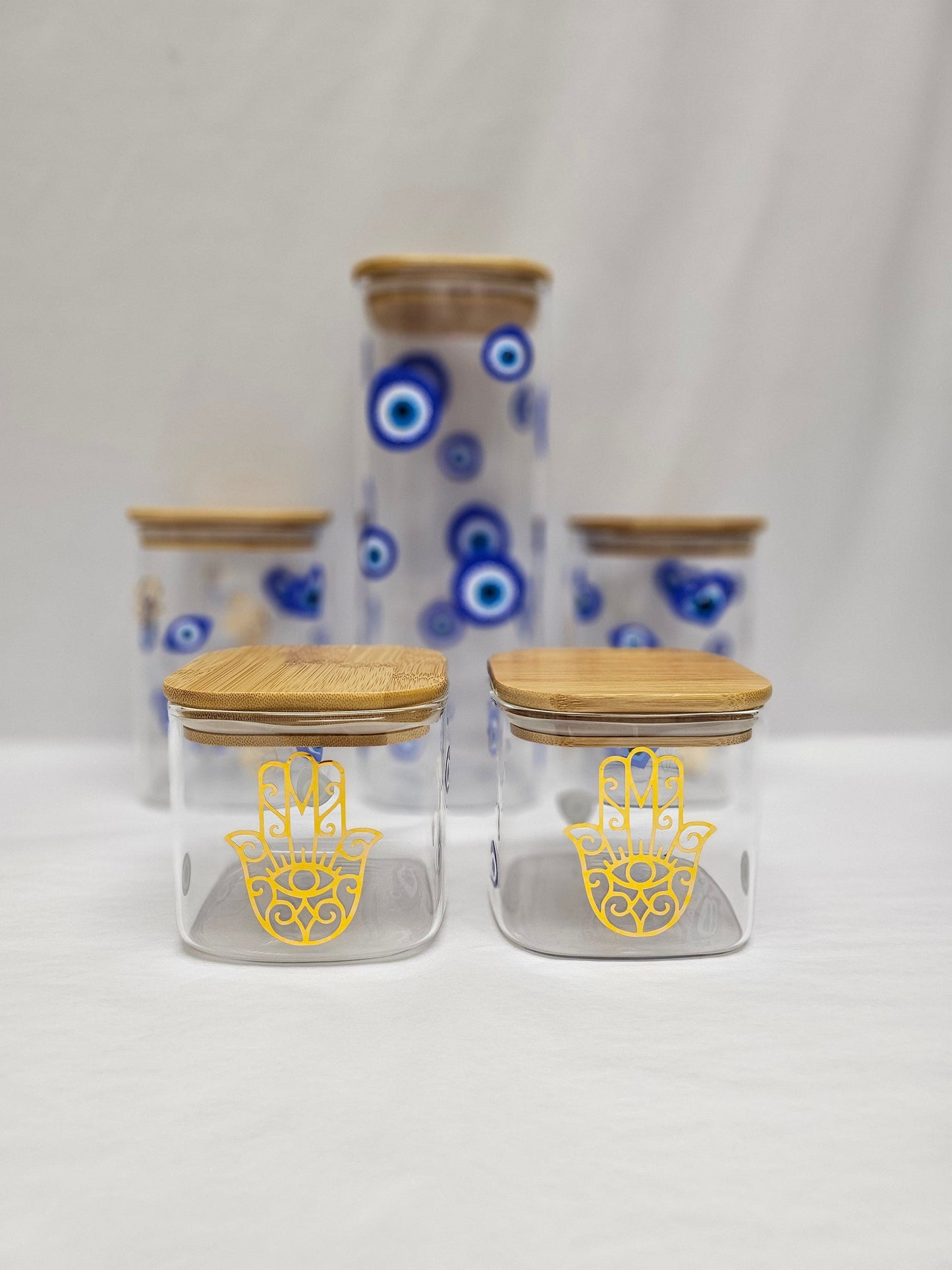 Custom food storage glass jars, Glass jars, Hamsa print on glass jars, Food storage jars, Hamsa print, Hamsa design, Glass jars,Food jars.