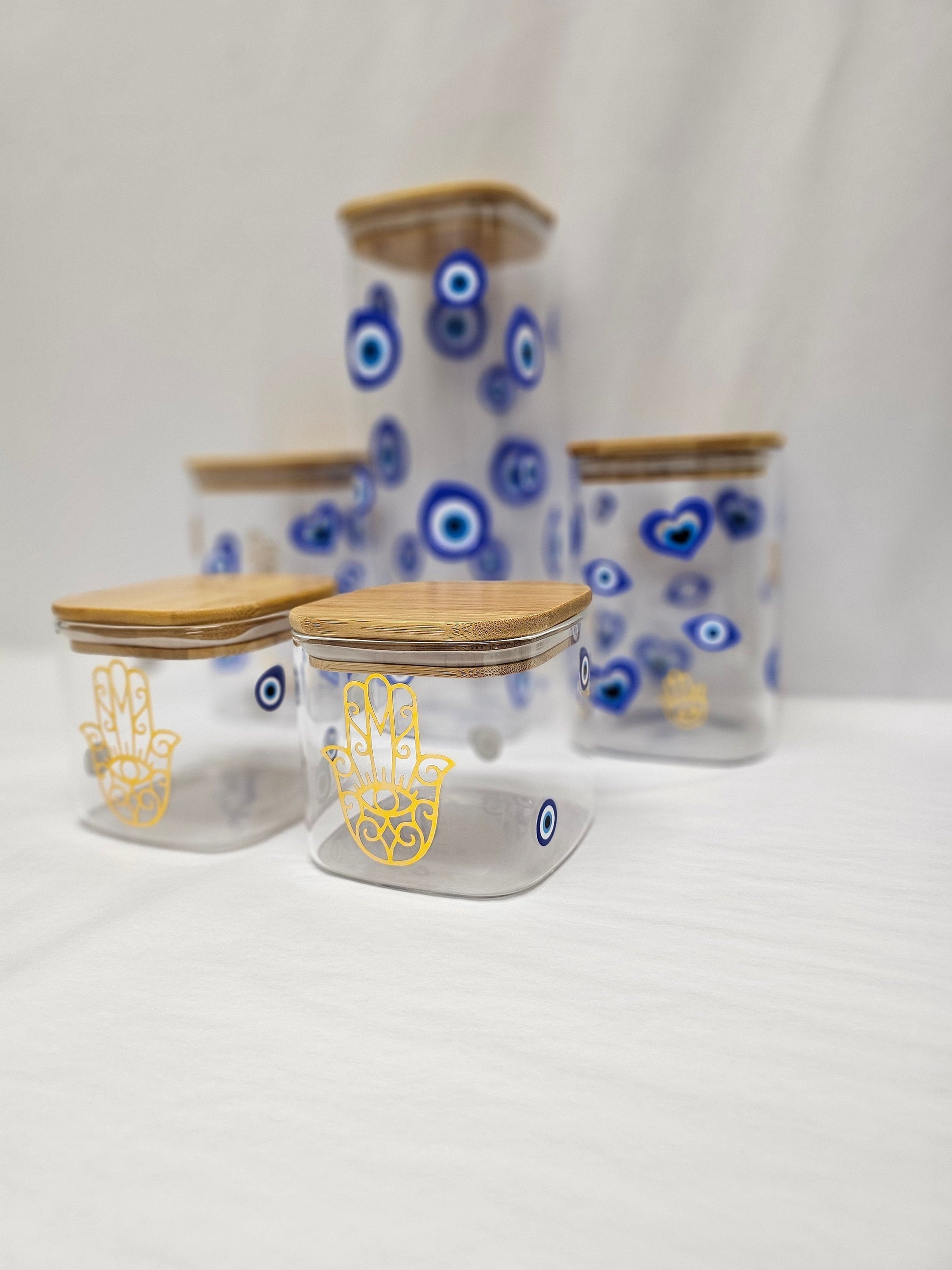 Custom food storage glass jars, Glass jars, Hamsa print on glass jars, Food storage jars, Hamsa print, Hamsa design, Glass jars,Food jars.