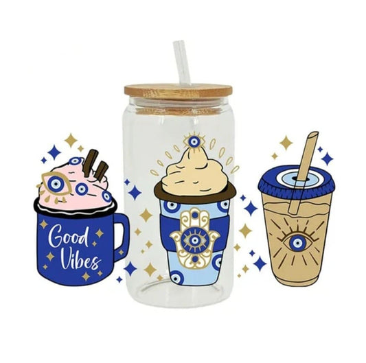 Hamsa and evil eye glass can,Glass Cups Mugs Tumblers Beer Can for Iced Coffee Juice Soda Drinks, Glass Mason Jar with Bamboo Lids and Straw