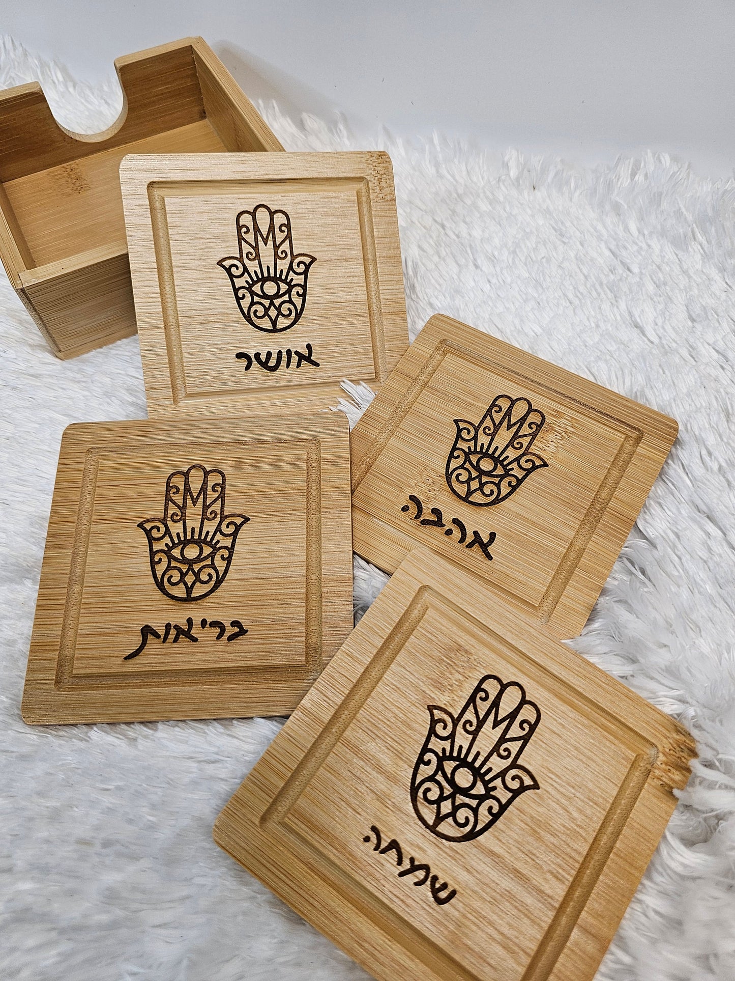 Wood Bamboo Coasters, Hamsa Engrave Coasters, Personalized Wood Coasters, Wood Coasters, House Gift Wood Coasters.